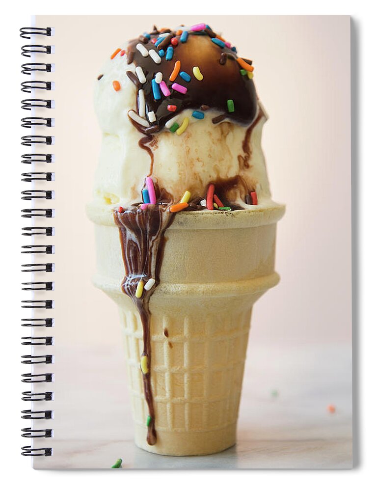 Melting Spiral Notebook featuring the photograph Studio Shot Of Ice Cream Cone With by Jamie Grill