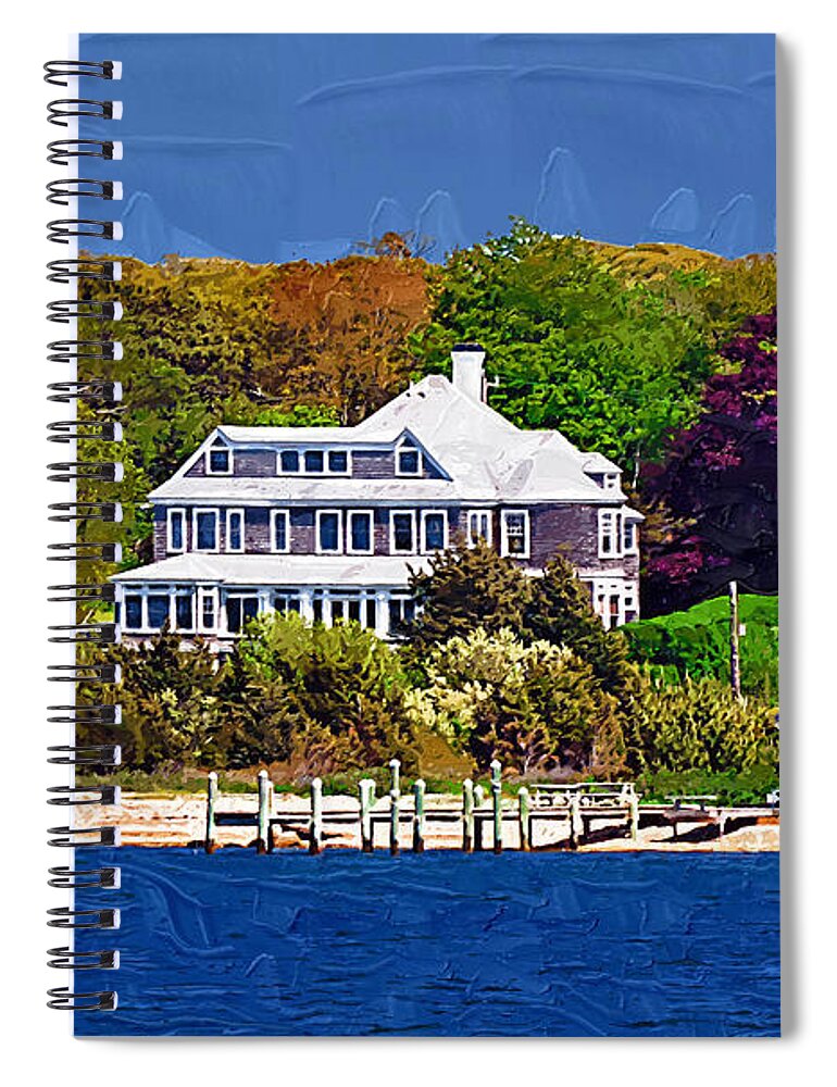 New England; Beach; Coastal; Shoreline; Summer Homes; Houses; Docks; Sea; Ocean; Marthas Vineyard; Trees; Nature; Natural; Kirt Tisdale Spiral Notebook featuring the painting Summer at the Shore by Kirt Tisdale