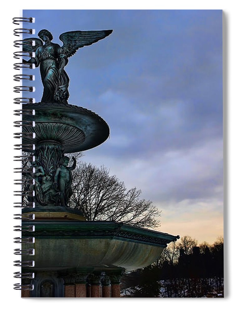Angel Of The Waters Fountain Spiral Notebook featuring the photograph Sunrise at Bethesda - Angel of the Waters by Lee Dos Santos