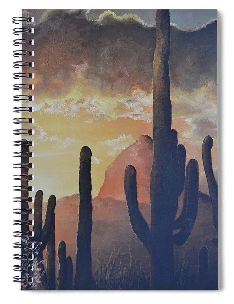 A Sunrise In The Tucson Desert With Cactus Spiral Notebook featuring the painting Sunrise in Tucson by Martin Schmidt