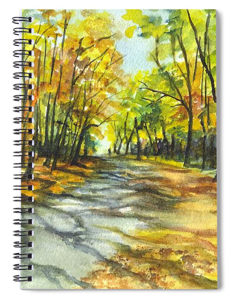 Autumn Spiral Notebook featuring the painting Sunrise On A Shady Autumn Lane by Carol Wisniewski