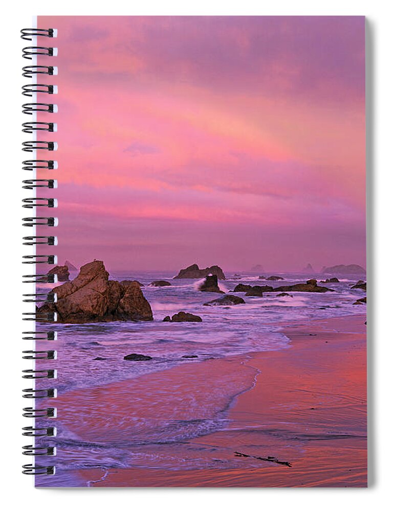 Oregon Spiral Notebook featuring the photograph Sunrise on Sea Stacks Harris SB Oregon by Dave Welling