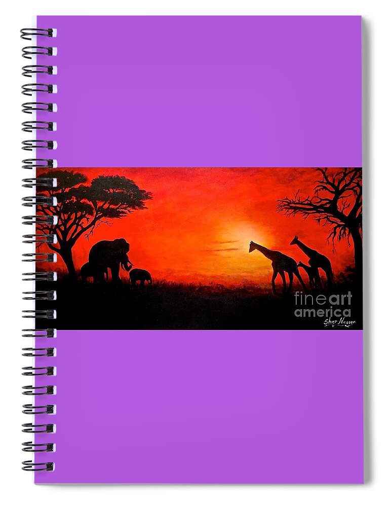 Acacia Trees Spiral Notebook featuring the painting Sunset at Serengeti by Sher Nasser
