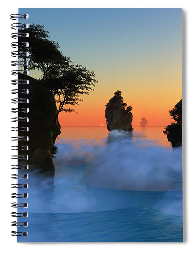 Sun Spiral Notebook featuring the digital art Sunset or sunrise with rocky islands by Bruce Rolff