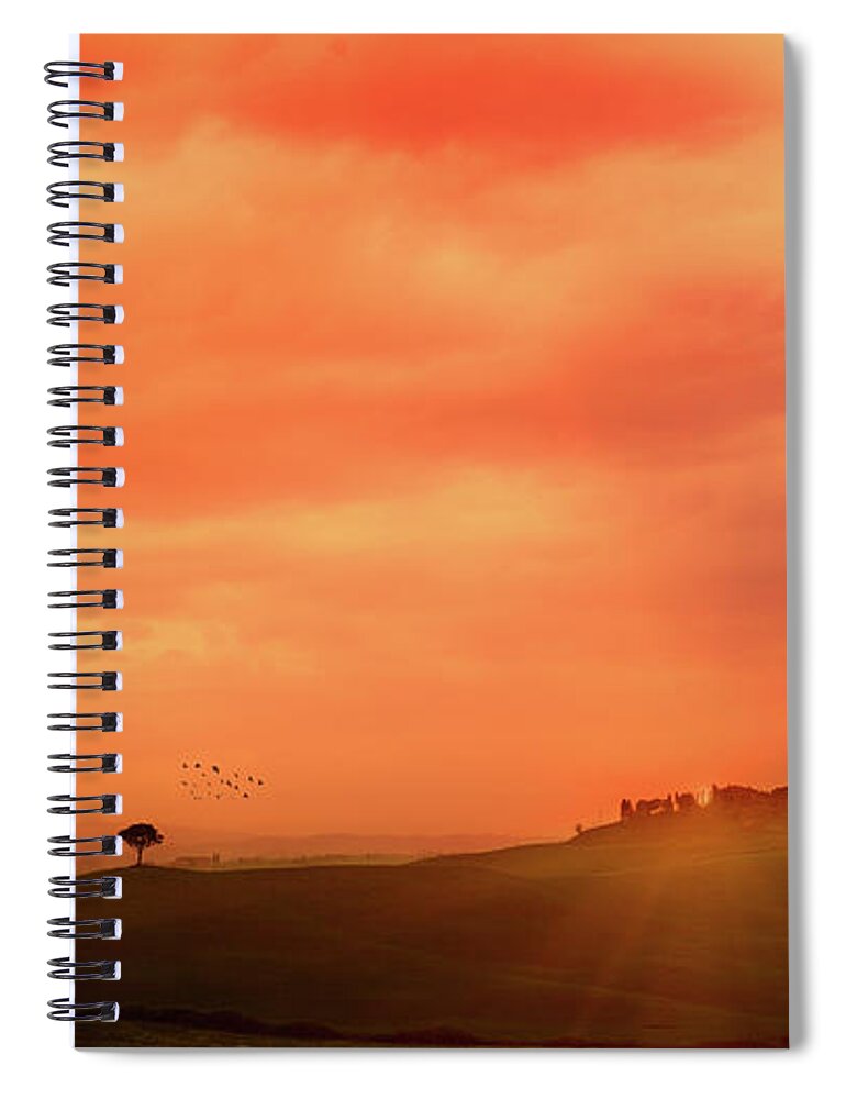 Orange Color Spiral Notebook featuring the photograph Sunset Over The Tuscan Hills by Deimagine