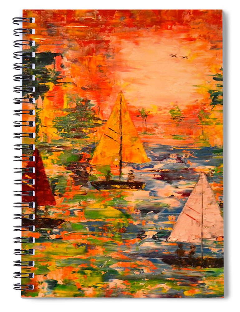 Abstract Spiral Notebook featuring the painting Sunset Sailing by Denise Tomasura