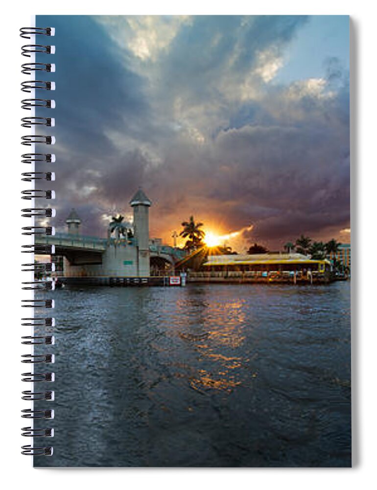 Boats Spiral Notebook featuring the photograph Sunset Waterway Panorama by Debra and Dave Vanderlaan