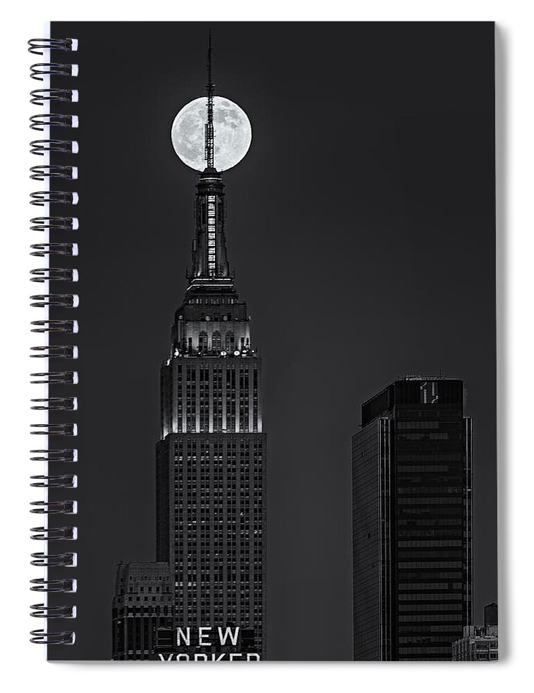 Big Apple Spiral Notebook featuring the photograph Super Moon In An Empire State Of Mind BW by Susan Candelario
