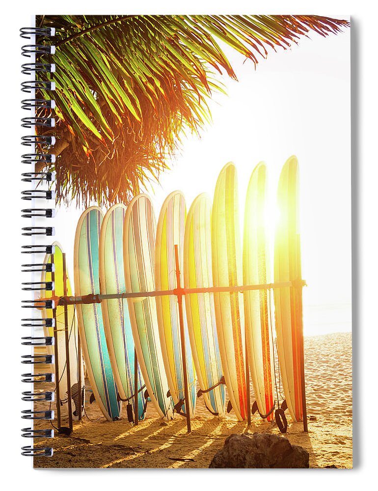 Recreational Pursuit Spiral Notebook featuring the photograph Surfboards At Ocean Beach by Arand