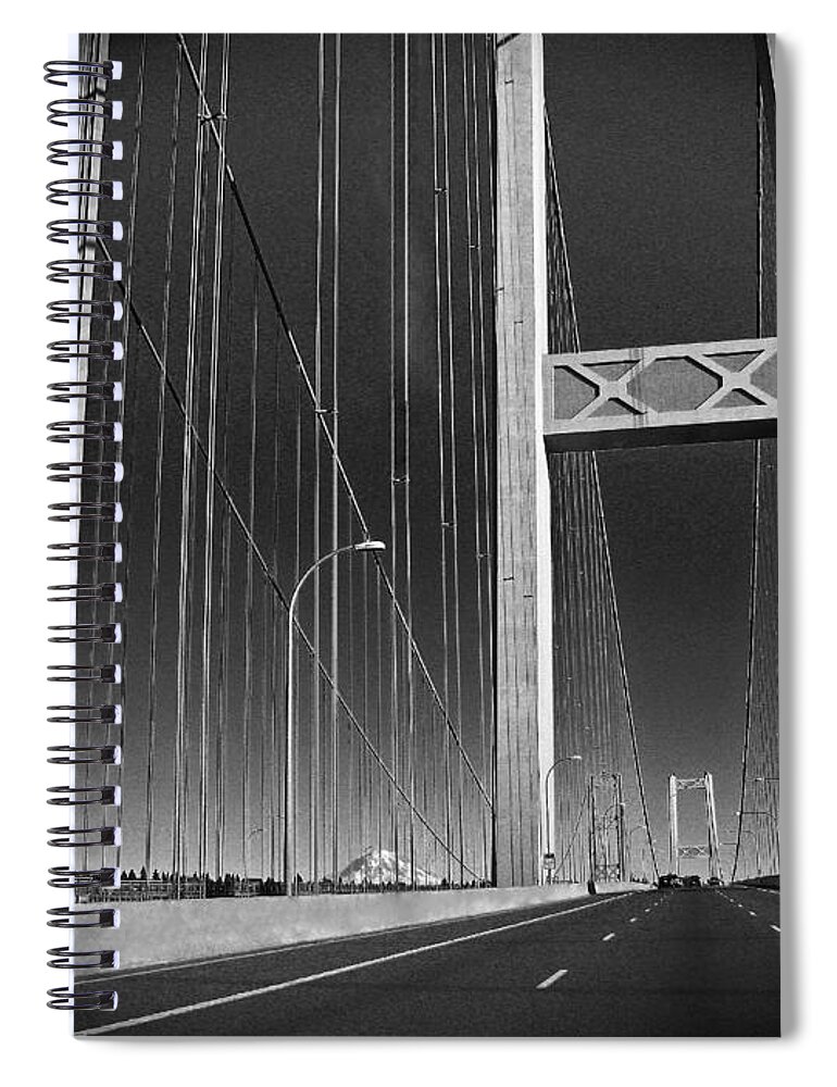 Tacoma Narrows Bridge Spiral Notebook featuring the photograph Tacoma Narrows Bridge B W by Connie Fox