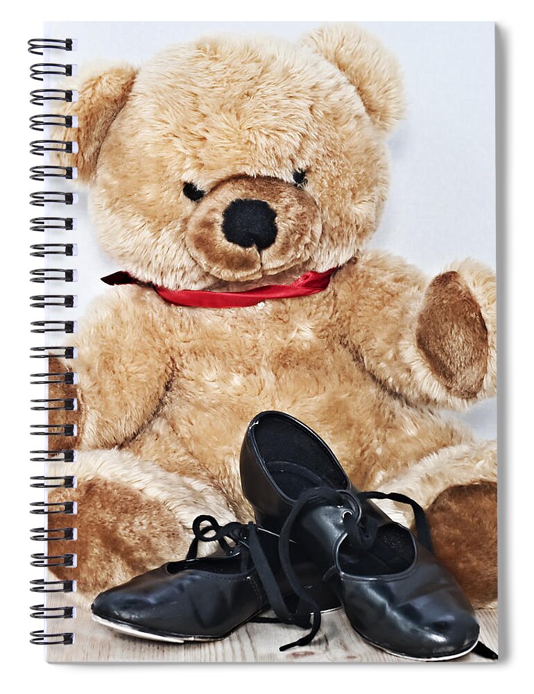 Black Spiral Notebook featuring the photograph Tap dance shoes and Teddy Bear dance academy mascot by Pedro Cardona Llambias