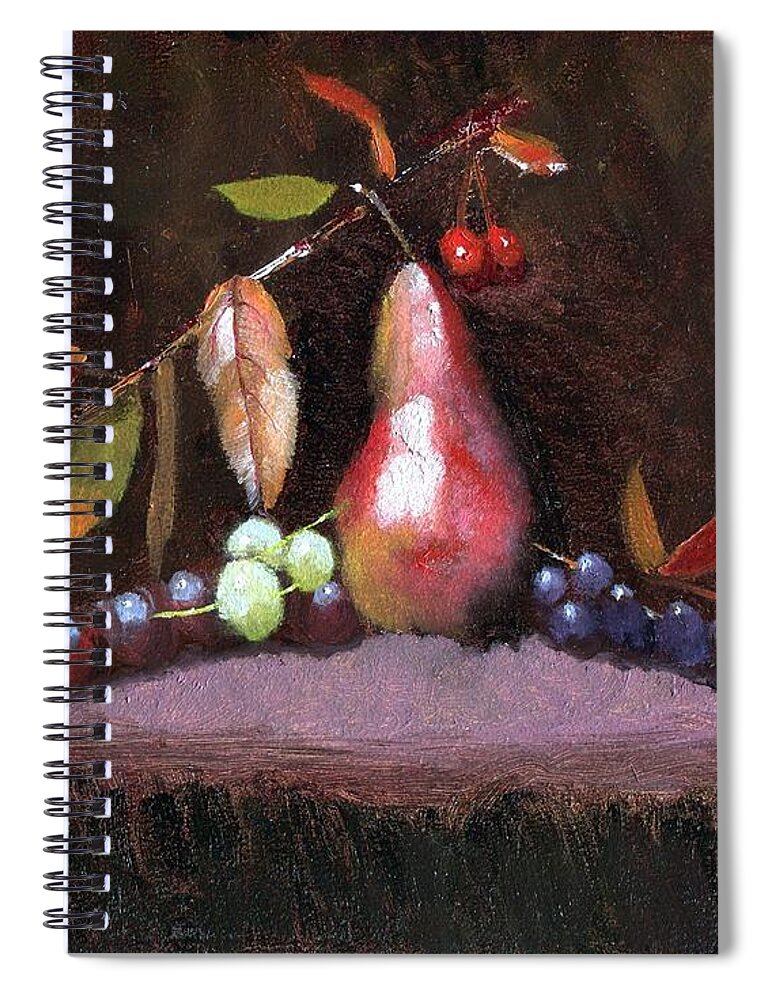  Still Life Of Vivid Fall Colors Surrounding Golden Pear Spiral Notebook featuring the painting Taste of Fall by Ruben Carrillo