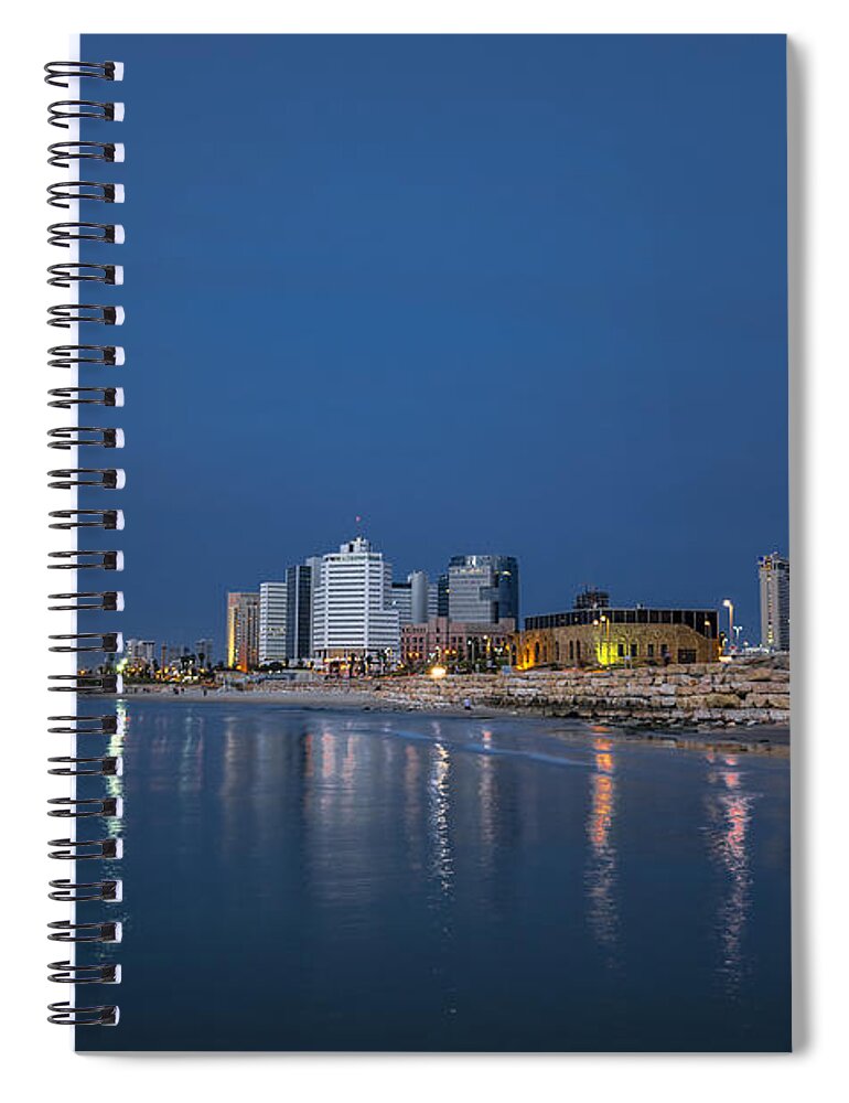 Judaica Spiral Notebook featuring the photograph Tel Aviv the blue hour by Ron Shoshani