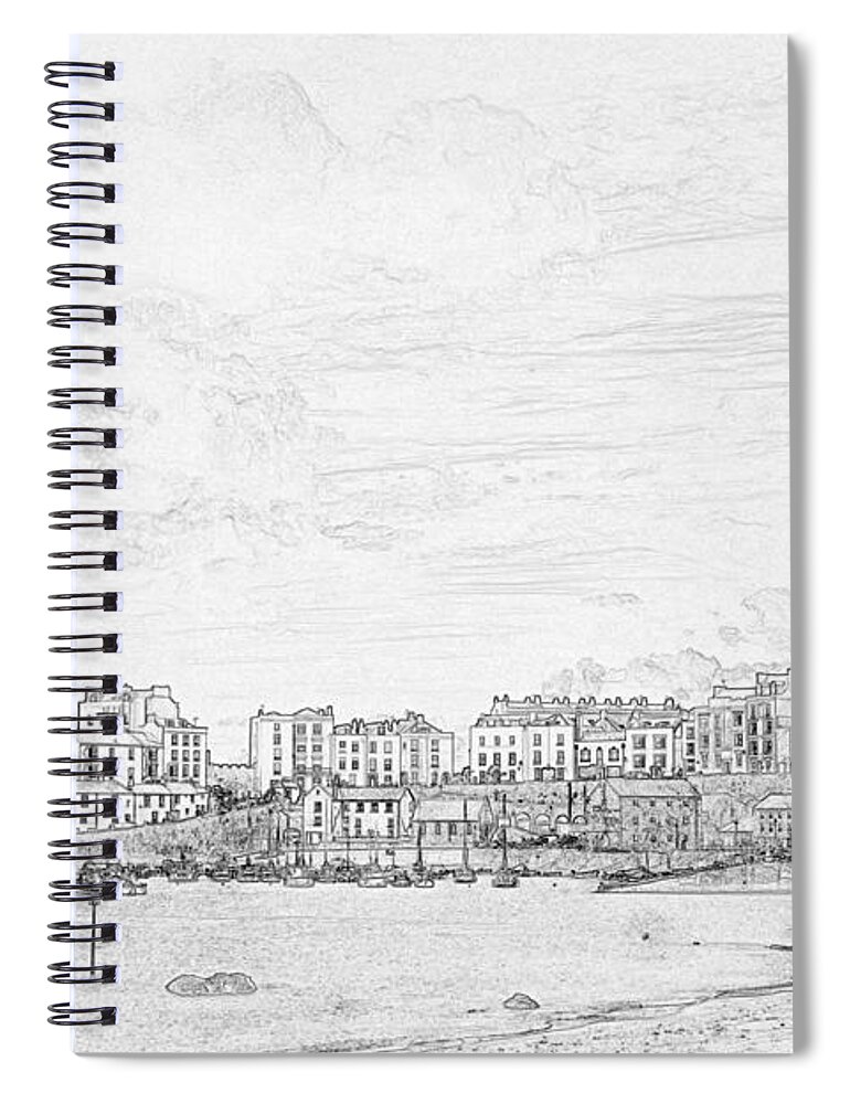 Tenby Spiral Notebook featuring the photograph Tenby Harbor Pencil Sketch 2 by Steve Purnell