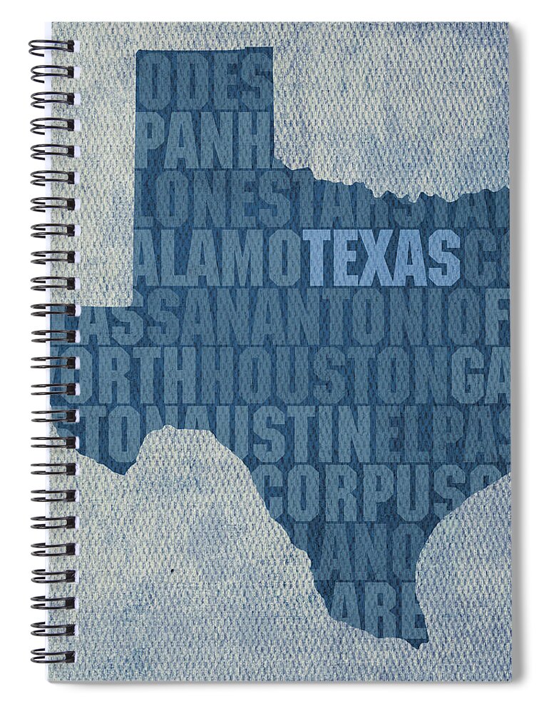Texas Word Art State Map On Canvas Dallas San Antonio Houston Galveston Austin El Paso Fort Worth Texan Lone Star Usa America Alamo Spiral Notebook featuring the mixed media Texas Word Art State Map on Canvas by Design Turnpike