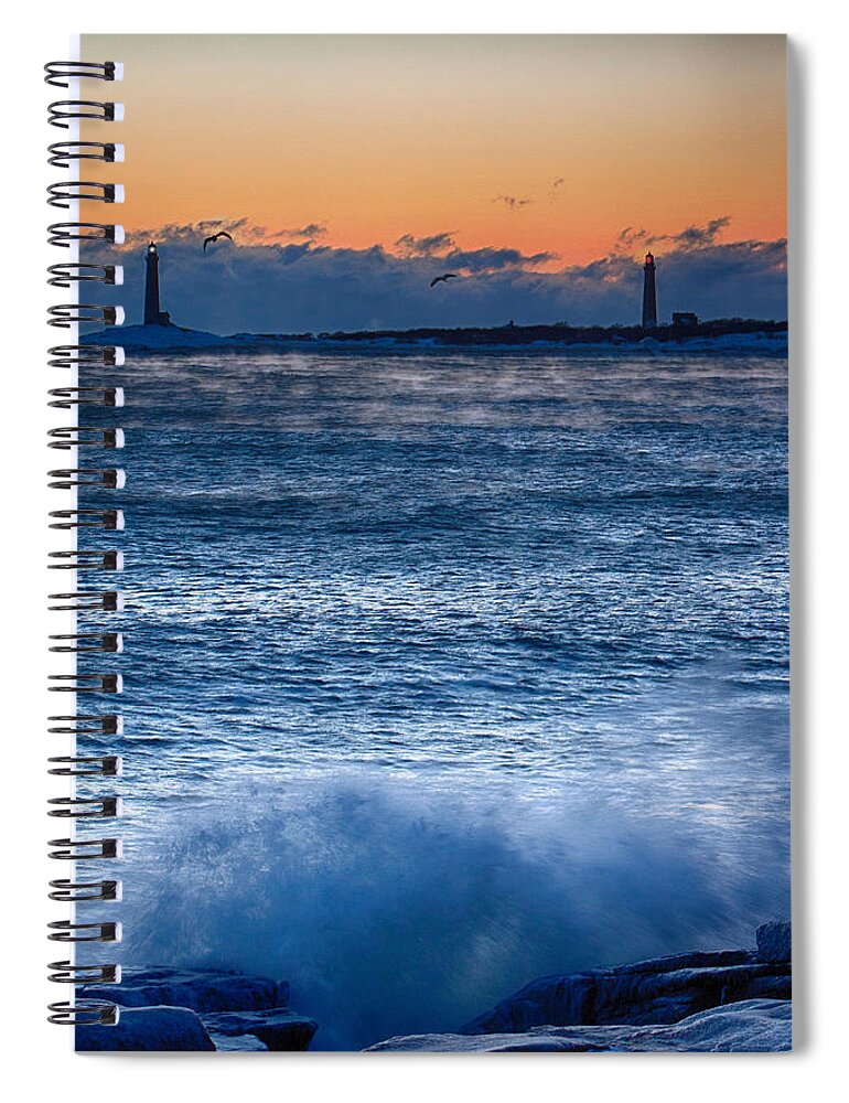 Sea Smoke Spiral Notebook featuring the photograph Thacher Island lighthouse waves break by Jeff Folger