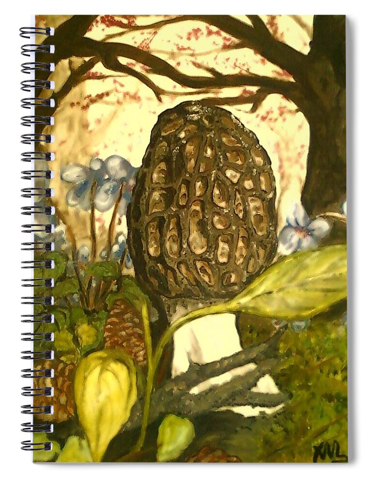 Morel Spiral Notebook featuring the painting The Elusive Morel Among Violets by Alexandria Weaselwise Busen