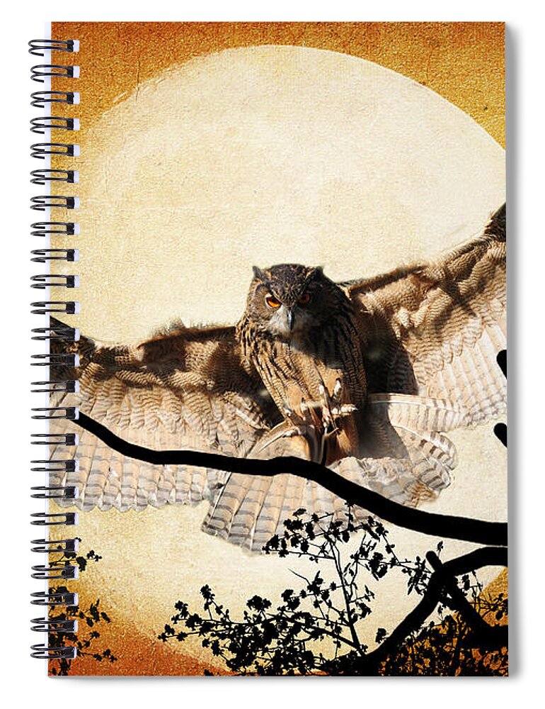 Textures Spiral Notebook featuring the photograph The Eurasian Eagle Owl And The Moon by Kathy Baccari