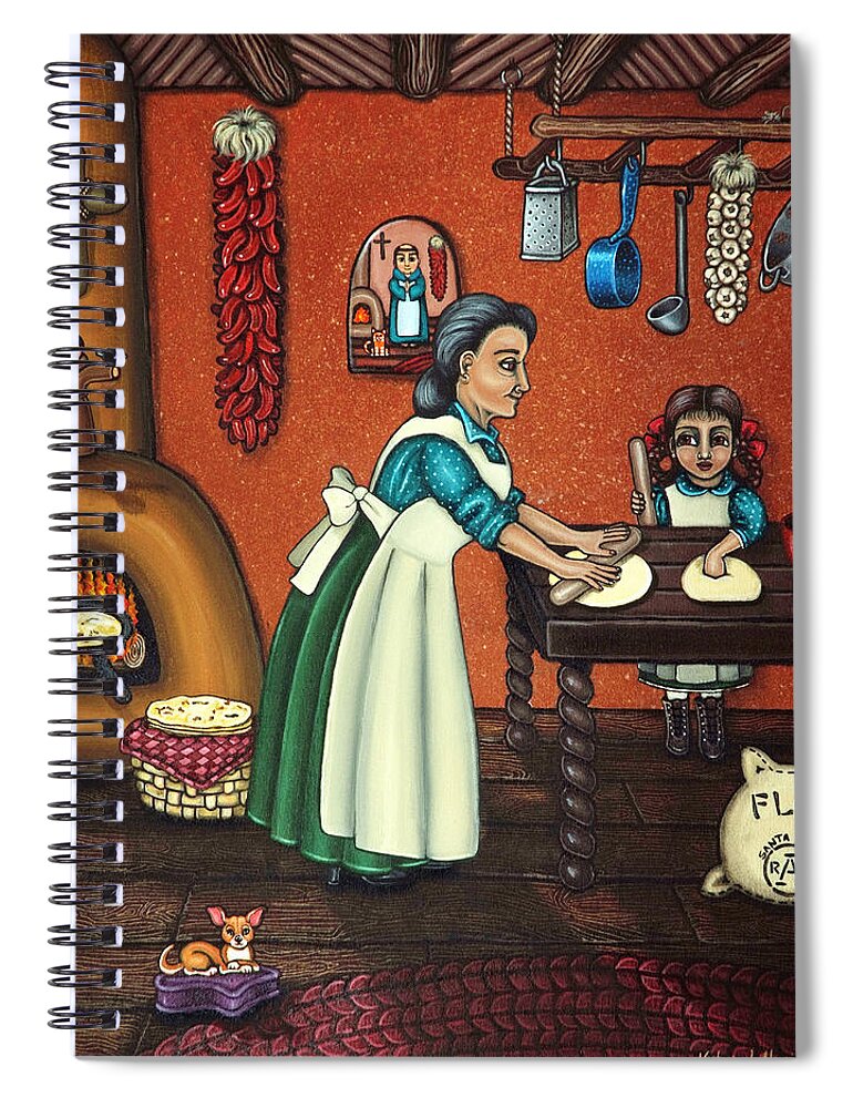 Folk Art Spiral Notebook featuring the painting The Lesson or Making Tortillas by Victoria De Almeida
