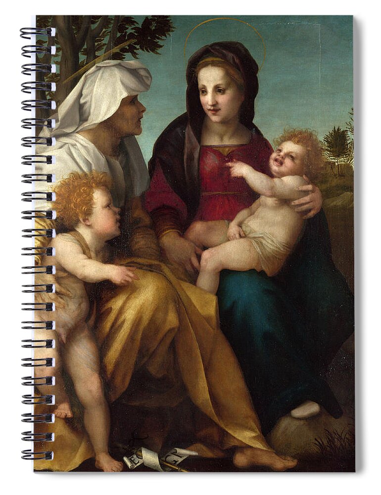 Andrea Del Sarto Spiral Notebook featuring the painting The Madonna and Child Saint Elizabeth and the Baptist by Andrea del Sarto