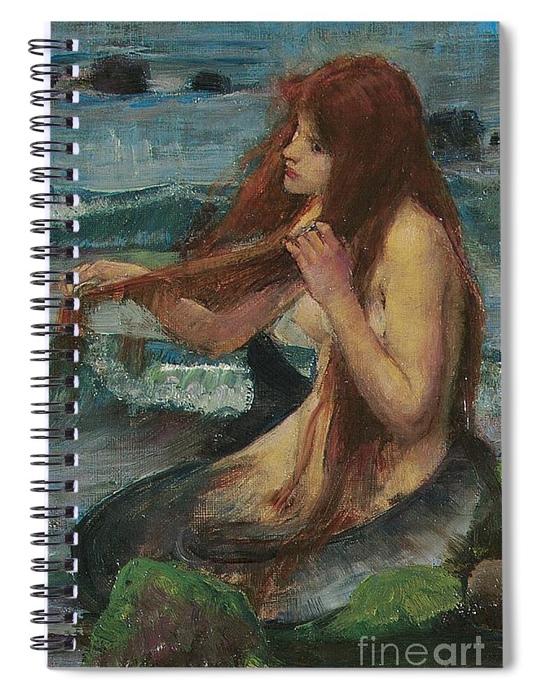 Mermaid; Myth; Mythology; Mythological; Pre Raphaelite; Pre-raphaelite; Combing; Combing Hair; Brushing; Brushing Hair; Red Hair; Redhead; Red-haired; Melancholy; Rock; Siren; Nude; Sketch; Study; Wistful; Daydreaming; Romance; Fairytale Spiral Notebook featuring the painting The Mermaid by John William Waterhouse