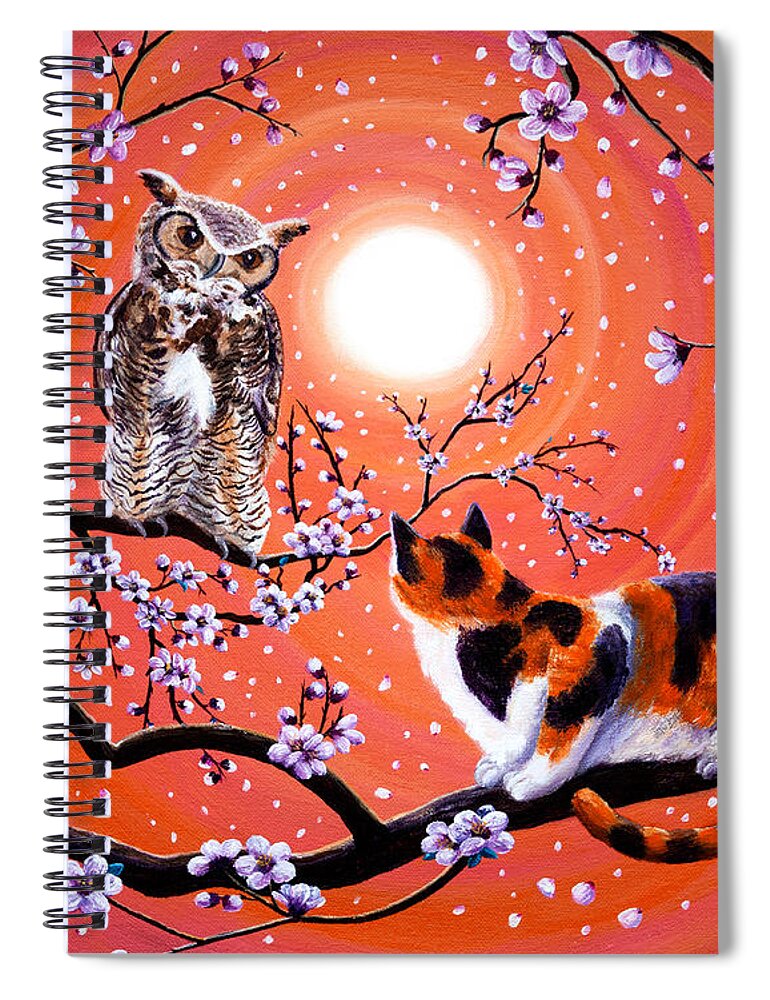Peach Spiral Notebook featuring the painting The Owl and the Pussycat in Peach Blossoms by Laura Iverson