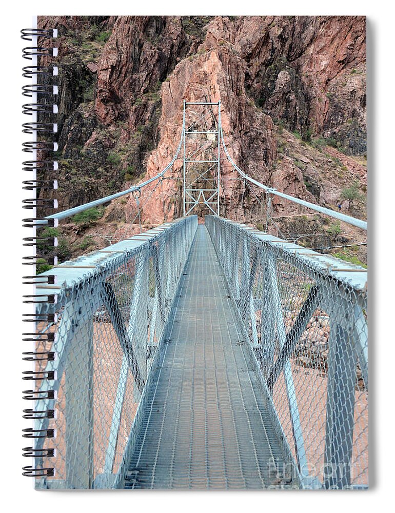Grand Canyon Spiral Notebook featuring the photograph The Silver Bridge Spanning the Colorado River at the bottom of Grand Canyon National Park by Shawn O'Brien