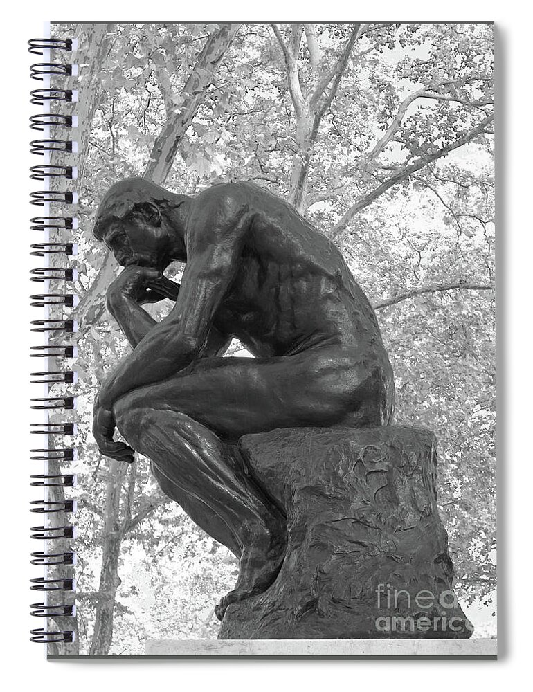 Thinker Spiral Notebook featuring the photograph The Thinker - Philadelphia BW by Ann Horn