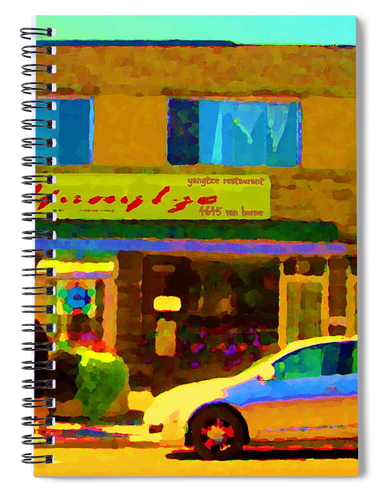 Montreal Spiral Notebook featuring the painting The Yangtze Chinese Food Restaurant On Van Horne Montreal Memories Cafe Street Scene Carole Spandau by Carole Spandau