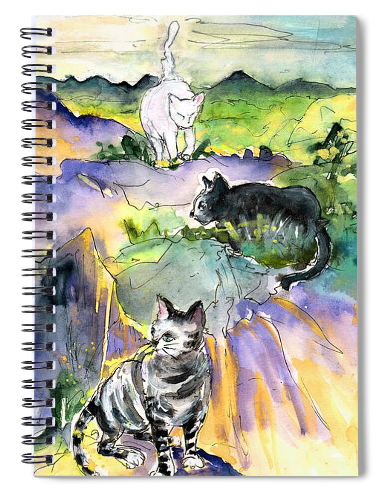 Travel Spiral Notebook featuring the painting Three Cats on The Penon de Ifach by Miki De Goodaboom