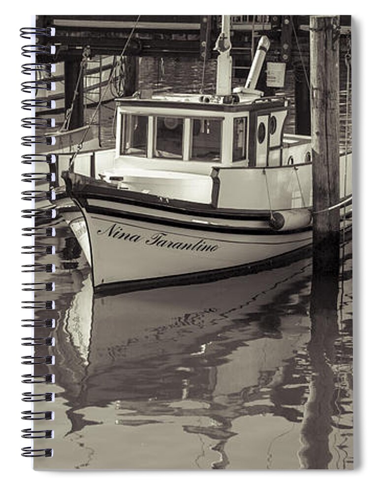 Fishing Boat Spiral Notebook featuring the photograph Three Little Boats Sepia by Scott Campbell