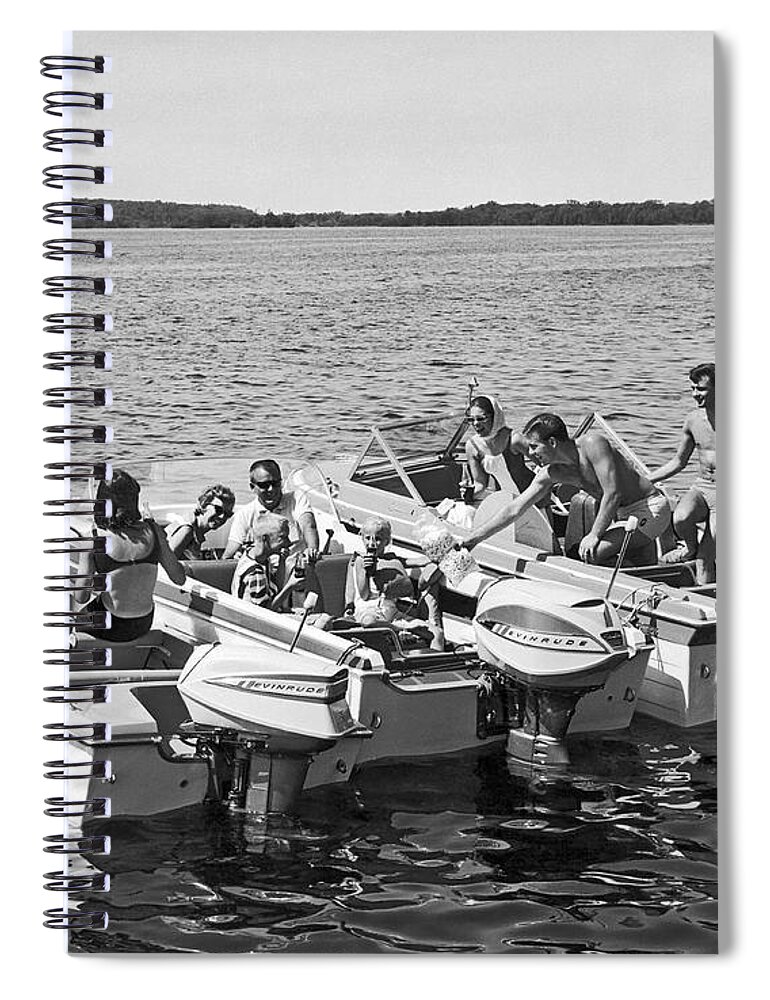 Bandw Spiral Notebook featuring the photograph Three power boats gather together for summer boating fun by Underwood Archives