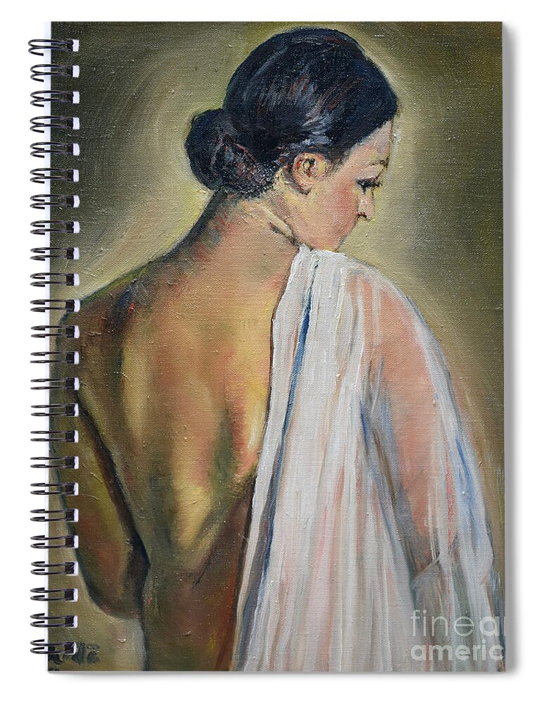 Raija Merila Spiral Notebook featuring the painting To The Shower by Raija Merila