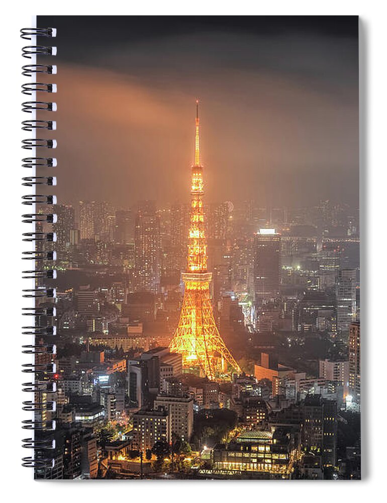 Tokyo Tower Spiral Notebook featuring the photograph Tokyo Tower At Foggy Night by Yuga Kurita