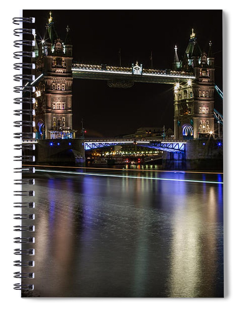 London Spiral Notebook featuring the photograph Tower Bridge with Boat Trails by John Daly