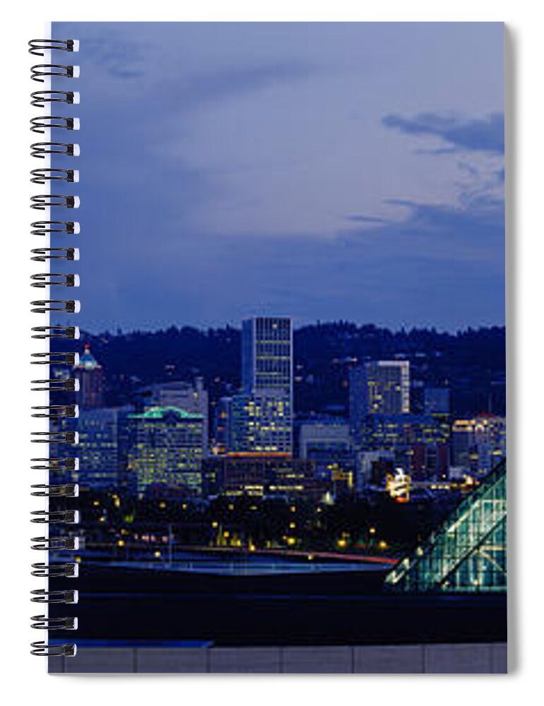 Photography Spiral Notebook featuring the photograph Towers Lit Up At Dusk, Convention by Panoramic Images
