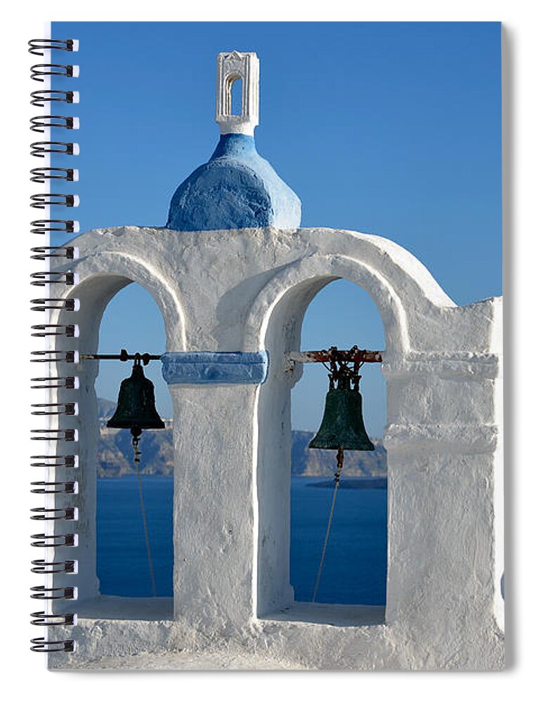 Santorini Spiral Notebook featuring the photograph Traditional belfry in Santorini island by George Atsametakis