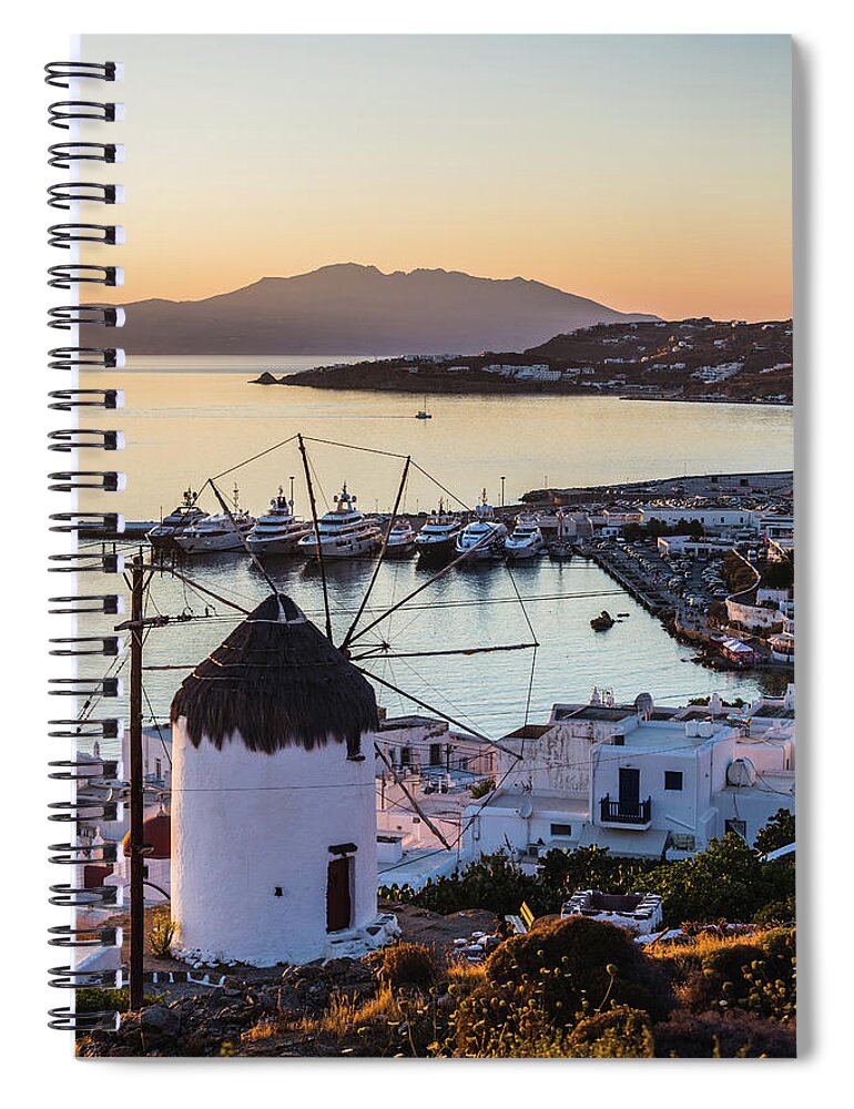 Motorboat Spiral Notebook featuring the photograph Traditional Greek Windmill In Mykonos by Deimagine