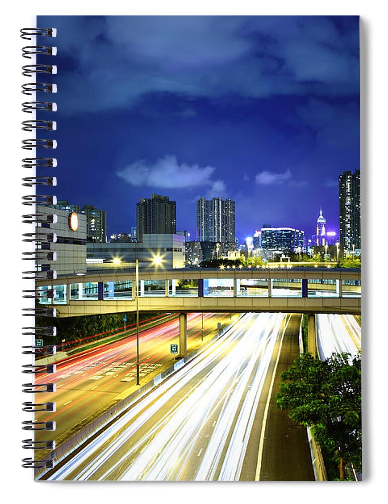 Downtown District Spiral Notebook featuring the photograph Traffic In City At Night by Ngkaki