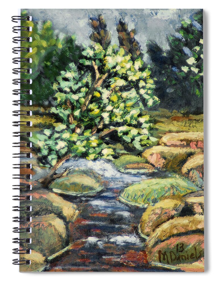 Tree Rock Stream Water River Spiral Notebook featuring the painting Tree and Stream by Michael Daniels
