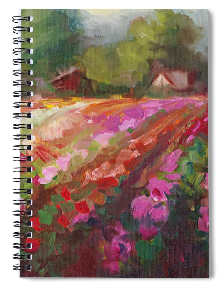 Dahlia Spiral Notebook featuring the painting Trespassing Dahlia field landscape by Talya Johnson