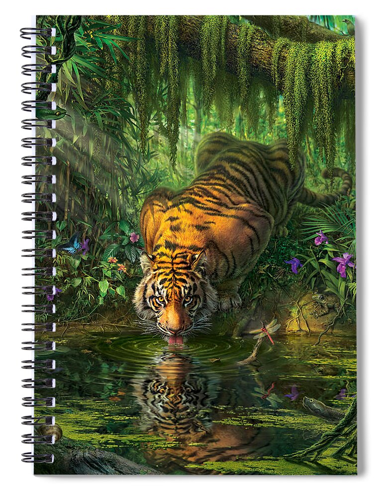 Bambootiger Dragonfly Butterfly Bengal Tiger India Rainforest Junglefredrickson Snail Water Lily Orchid Flowers Vines Snake Viper Pit Viper Frog Toad Palms Pond River Moss Tiger Paintings Jungle Tigers Tiger Art Spiral Notebook featuring the digital art Aurora's Garden by Mark Fredrickson