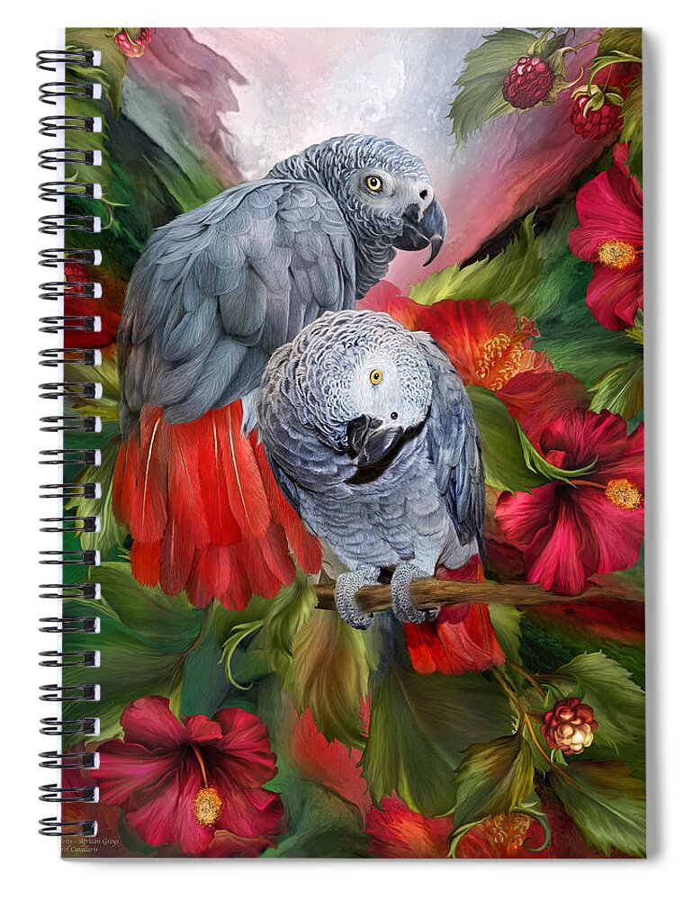 Parrot Spiral Notebook featuring the mixed media Tropic Spirits - African Greys by Carol Cavalaris