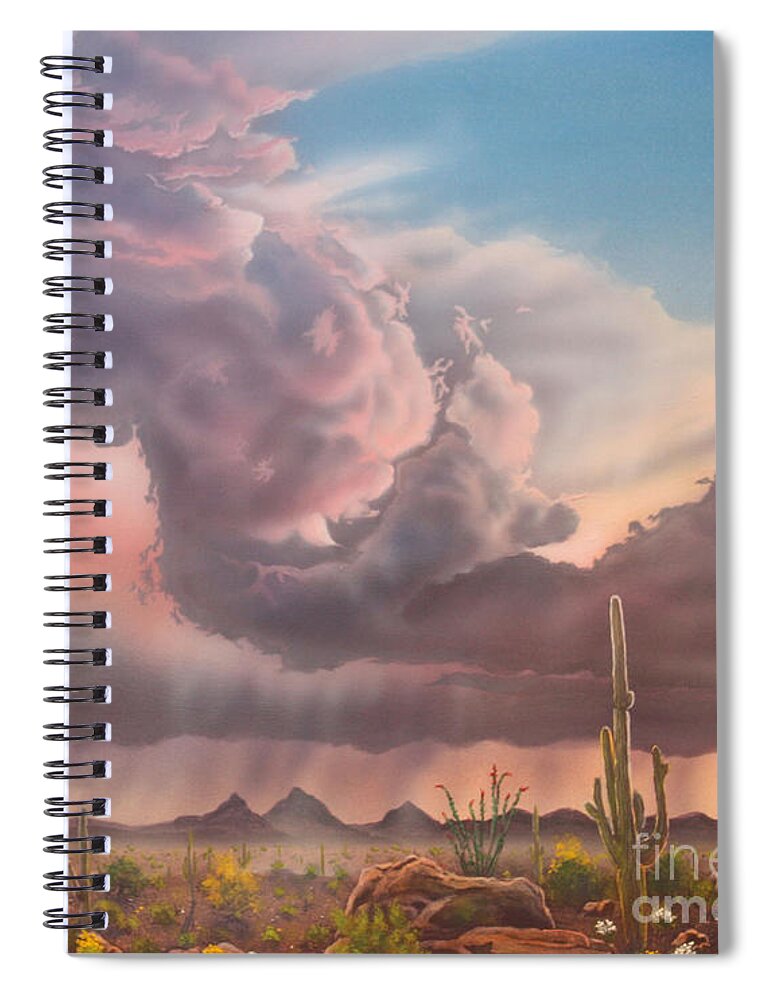 Tucson Mountains Spiral Notebook featuring the painting Tucson Mountain Sunset by Jerry Bokowski
