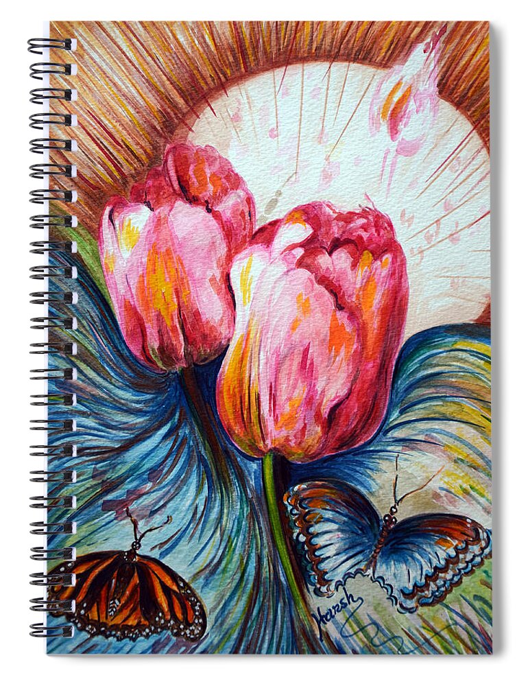 Tulips Spiral Notebook featuring the painting Tulips and butterflies by Harsh Malik