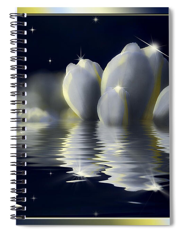 White Tulips And Moon Spiral Notebook featuring the mixed media Tulips and Moon reflection by Peter V Quenter