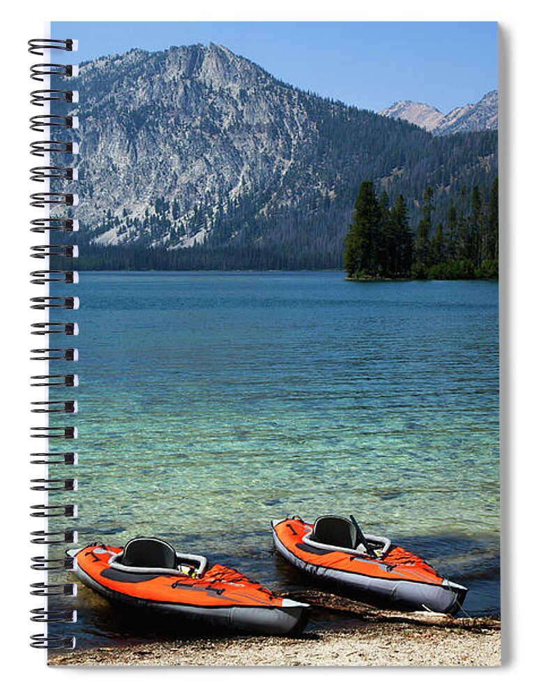 Tranquility Spiral Notebook featuring the photograph Twin Kayaks On The Shore Of A Pristine by Timothy Hearsum
