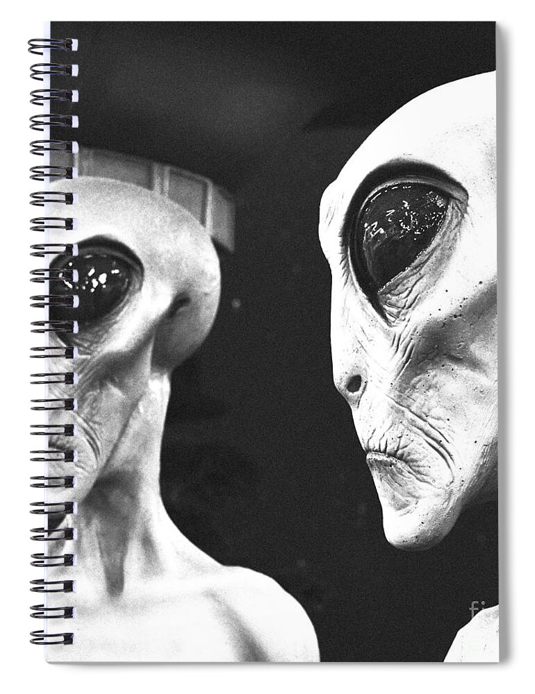 Alien Spiral Notebook featuring the digital art Two Grey Aliens Science Fiction Square Format Black and White Film Grain Digital Art by Shawn O'Brien