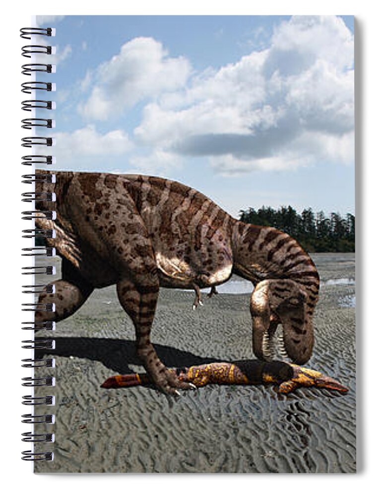 Dinosaur Spiral Notebook featuring the digital art Tyrannosaurus enjoying seafood - wide format by Julius Csotonyi