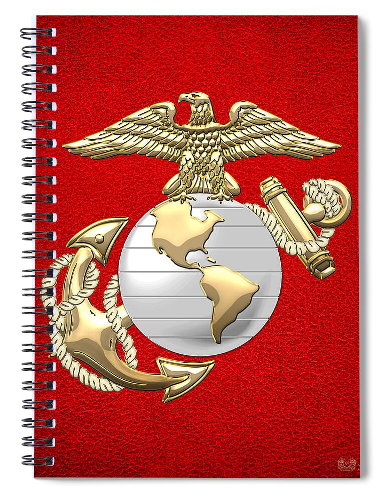 'military Insignia & Heraldry 3d' Collection By Serge Averbukh Spiral Notebook featuring the digital art U. S. Marine Corps Eagle Globe and Anchor - E G A on Red Leather by Serge Averbukh